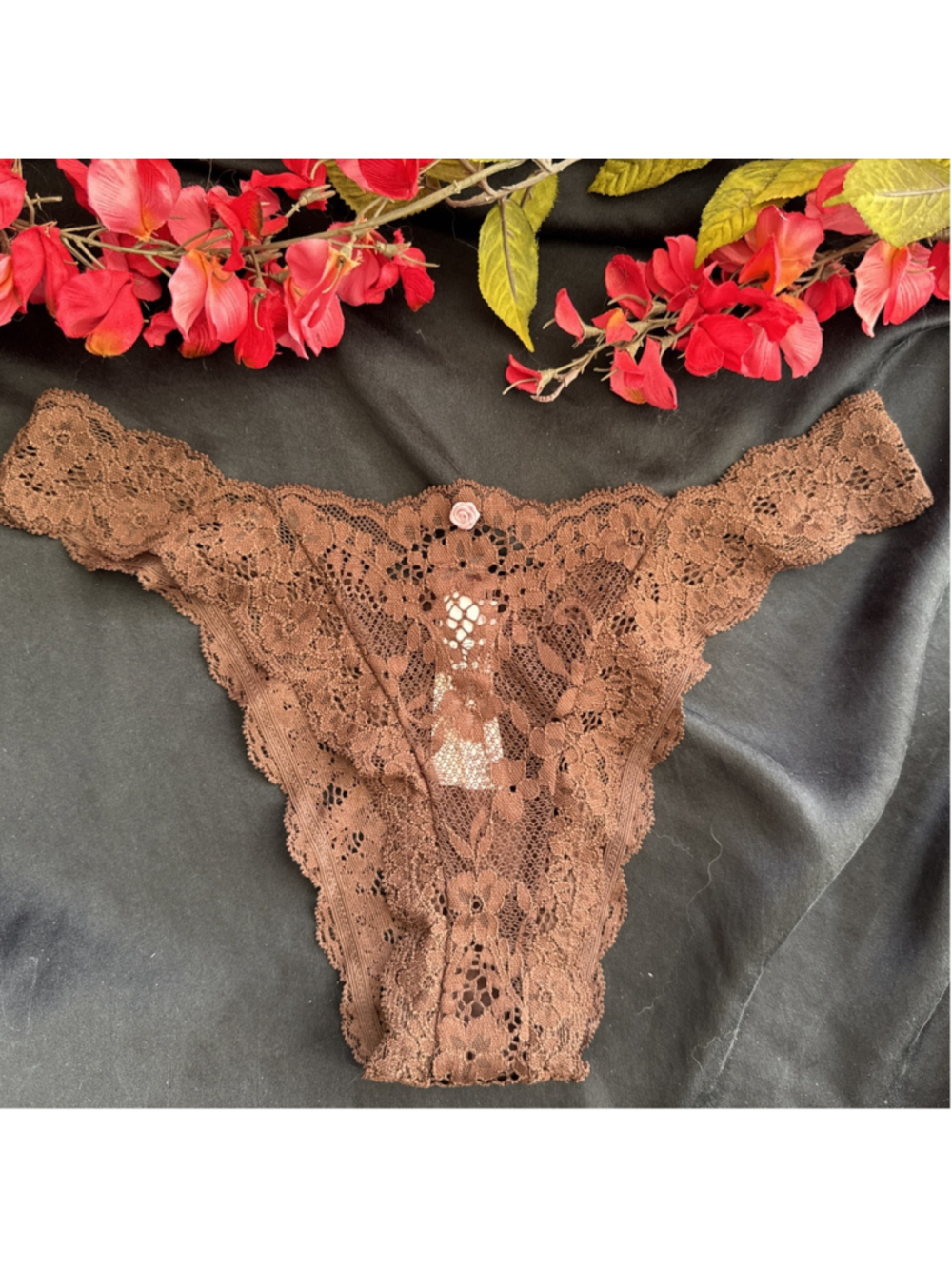 VICTORIA'S SECRET XS BROWN BRAZILIAN LACE THONG PANTIES BOW LACE DREAM ANGELS